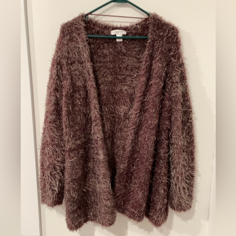 fuzzy brown cardigan